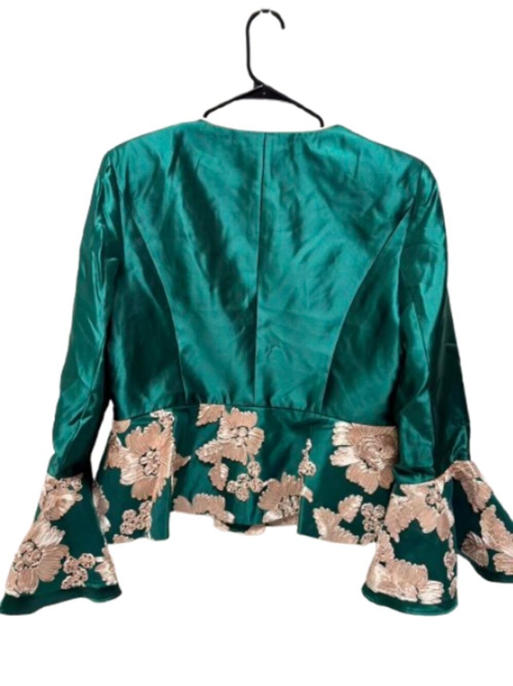 NWT EY Boutique Emerald Green 3-Pc Skirt Suit Set Floral Bell Sleeve Size 14